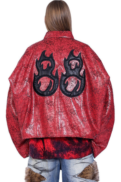 Red Cracked Leather Oversized Jacket