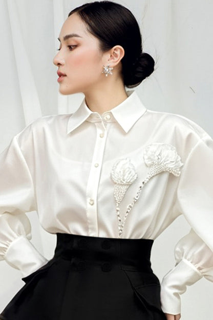 Satin Puff Sleeve Ruffle Blouse