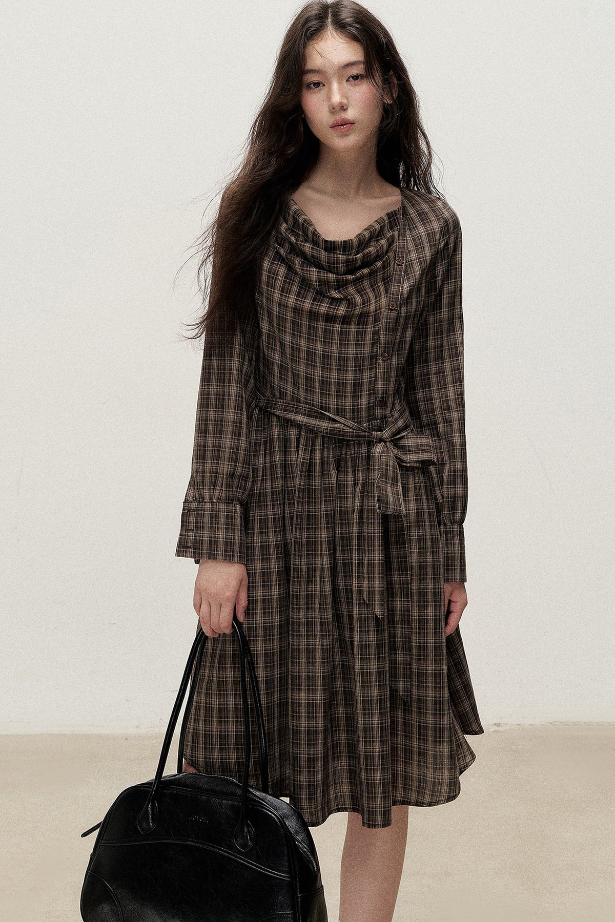 Plaid Diagonal Placket Ribbon Dress