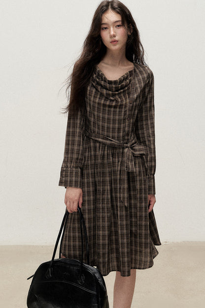 Plaid Diagonal Placket Ribbon Dress