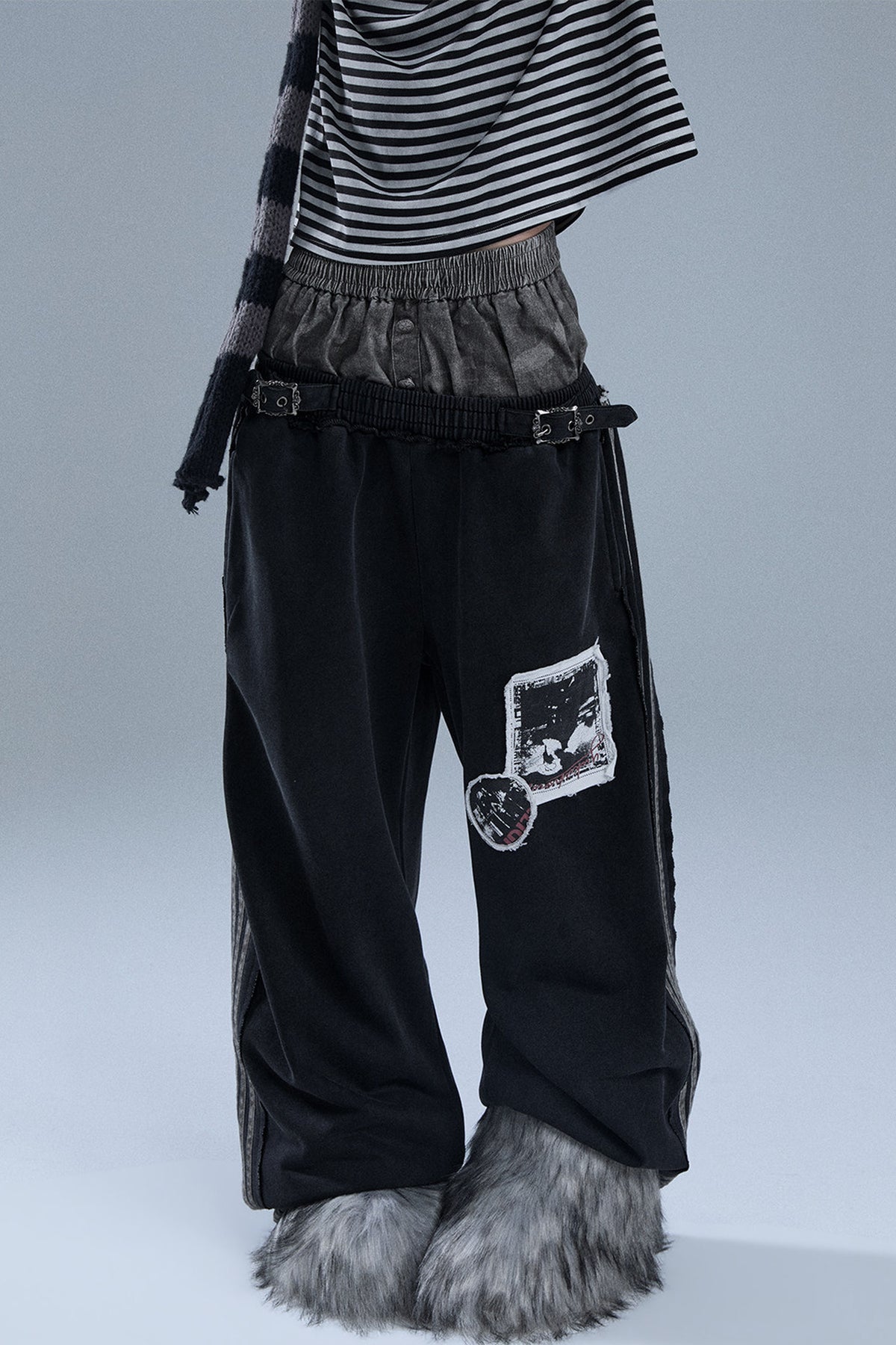 Layered-Look Patchwork Striped Pants