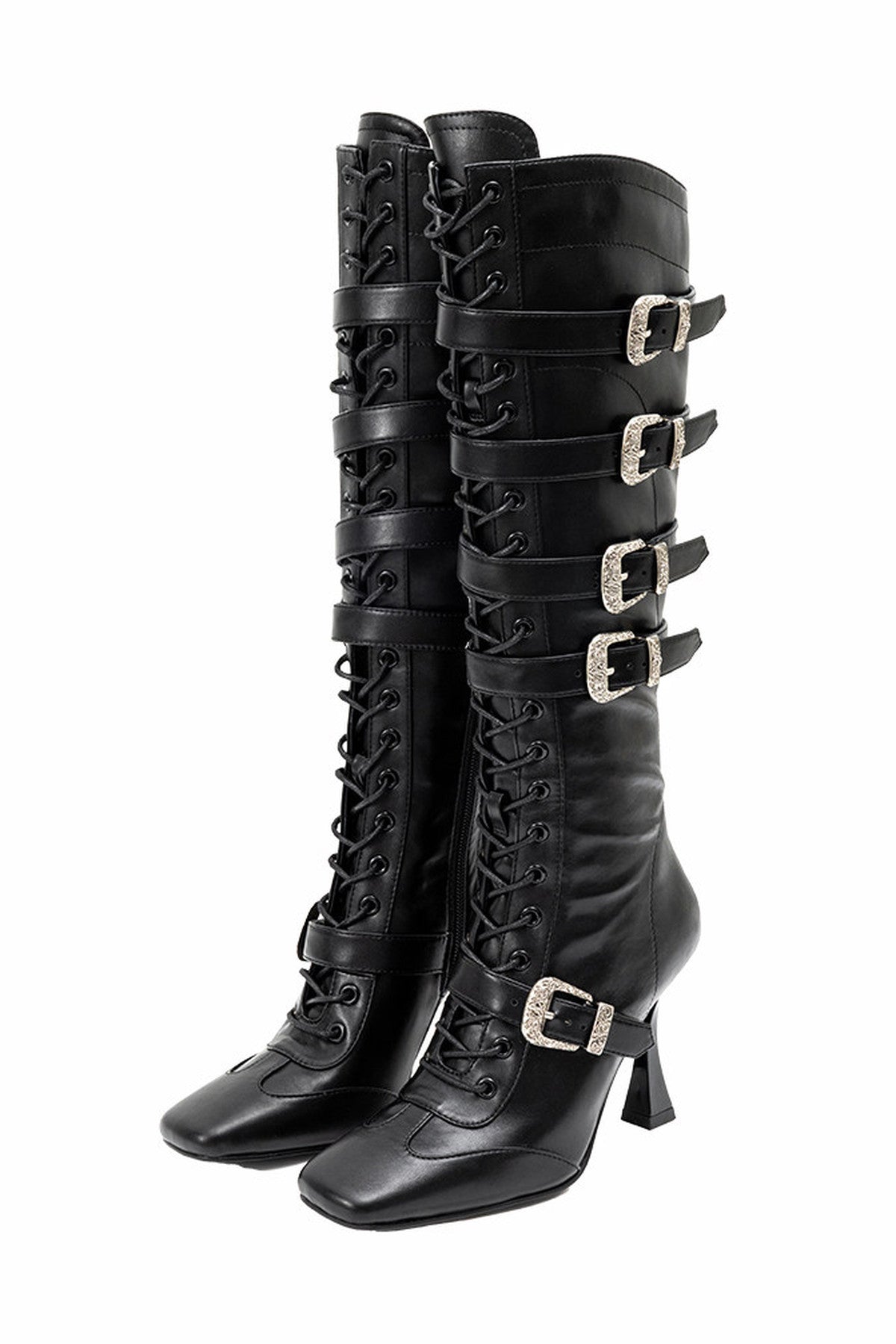 Lace-Up Metal Buckle Stiletto Boots