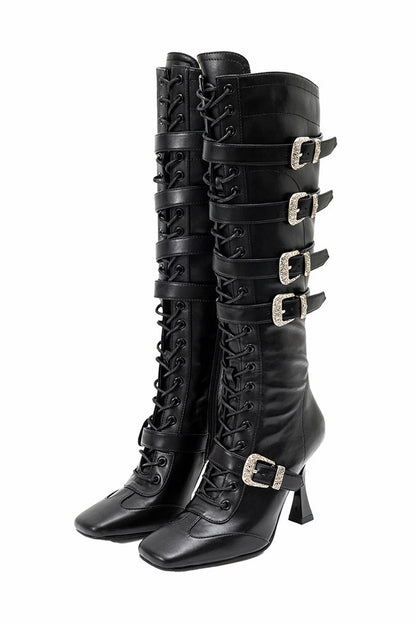 Lace-Up Metal Buckle Stiletto Boots