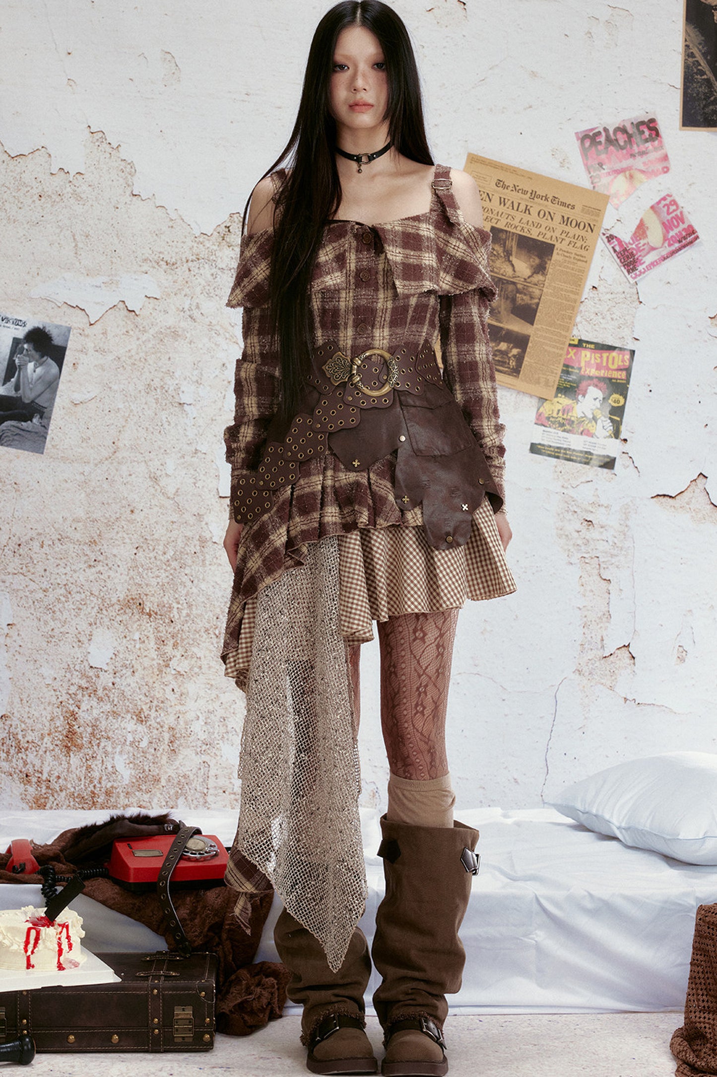 Off-Shoulder Plaid Ruffle Dress