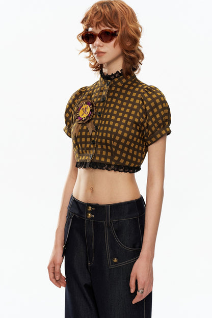 Yellow and Black Plaid Puff Sleeve Top