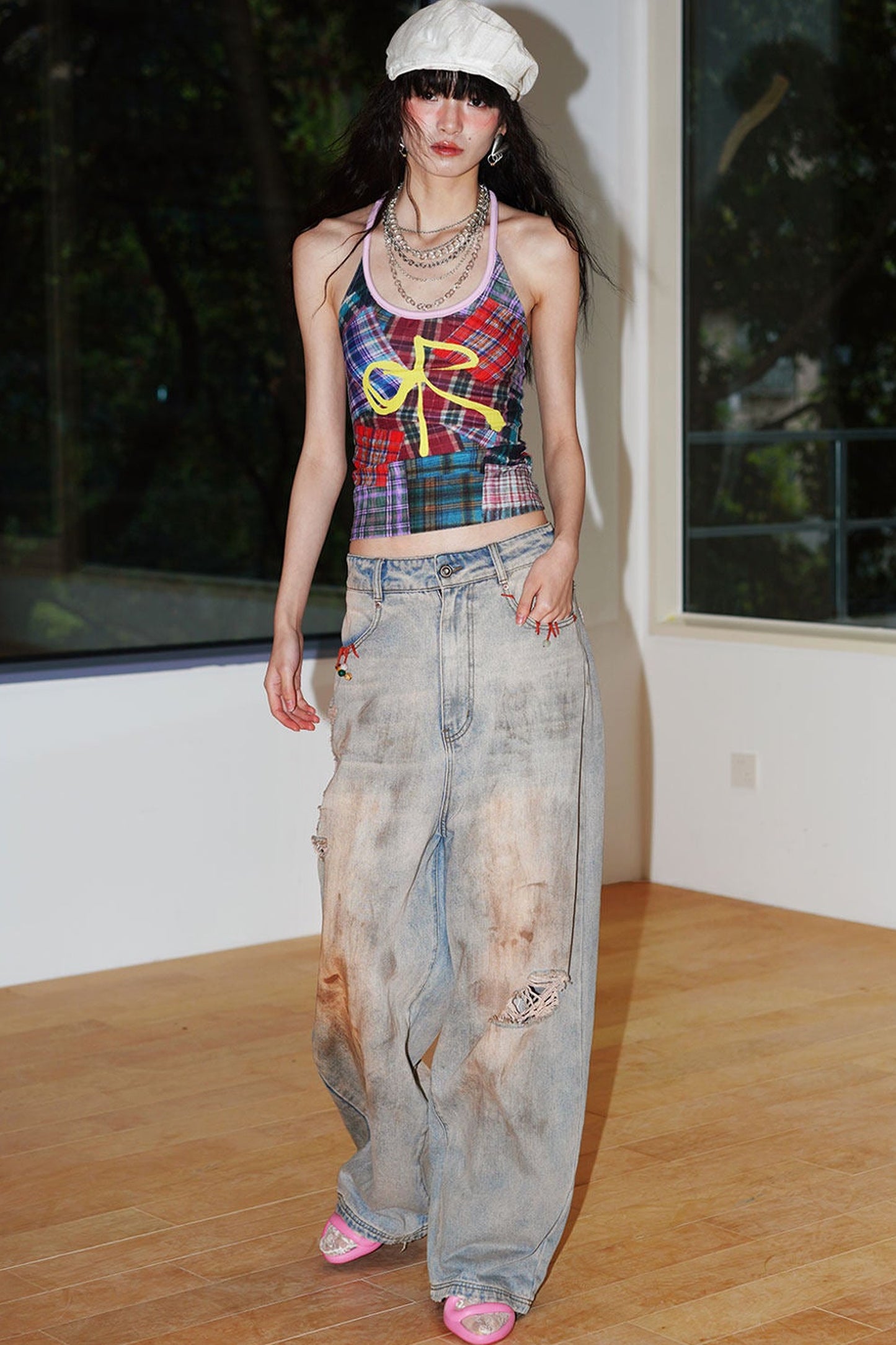 Color-Block Plaid Bow Camisole