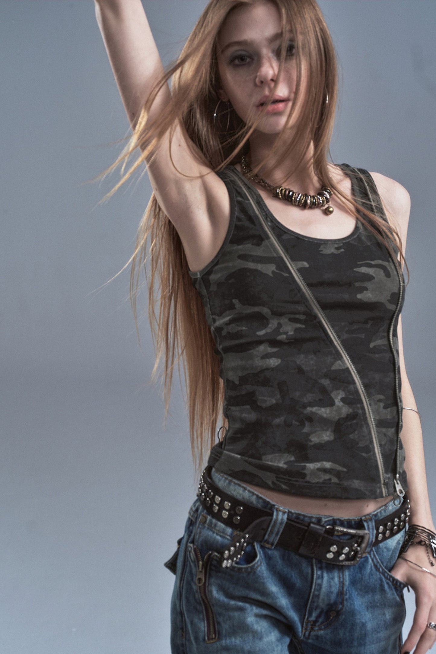 Black Camouflage Diagonal Zipper Two-Way Wear Camisole