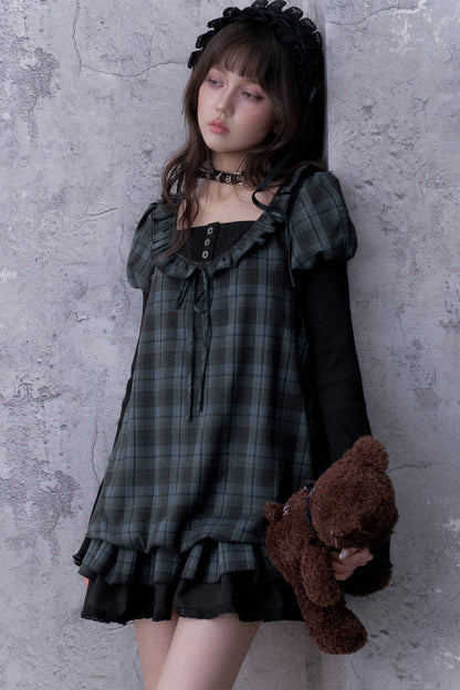Blue Black Plaid Babydoll Dress