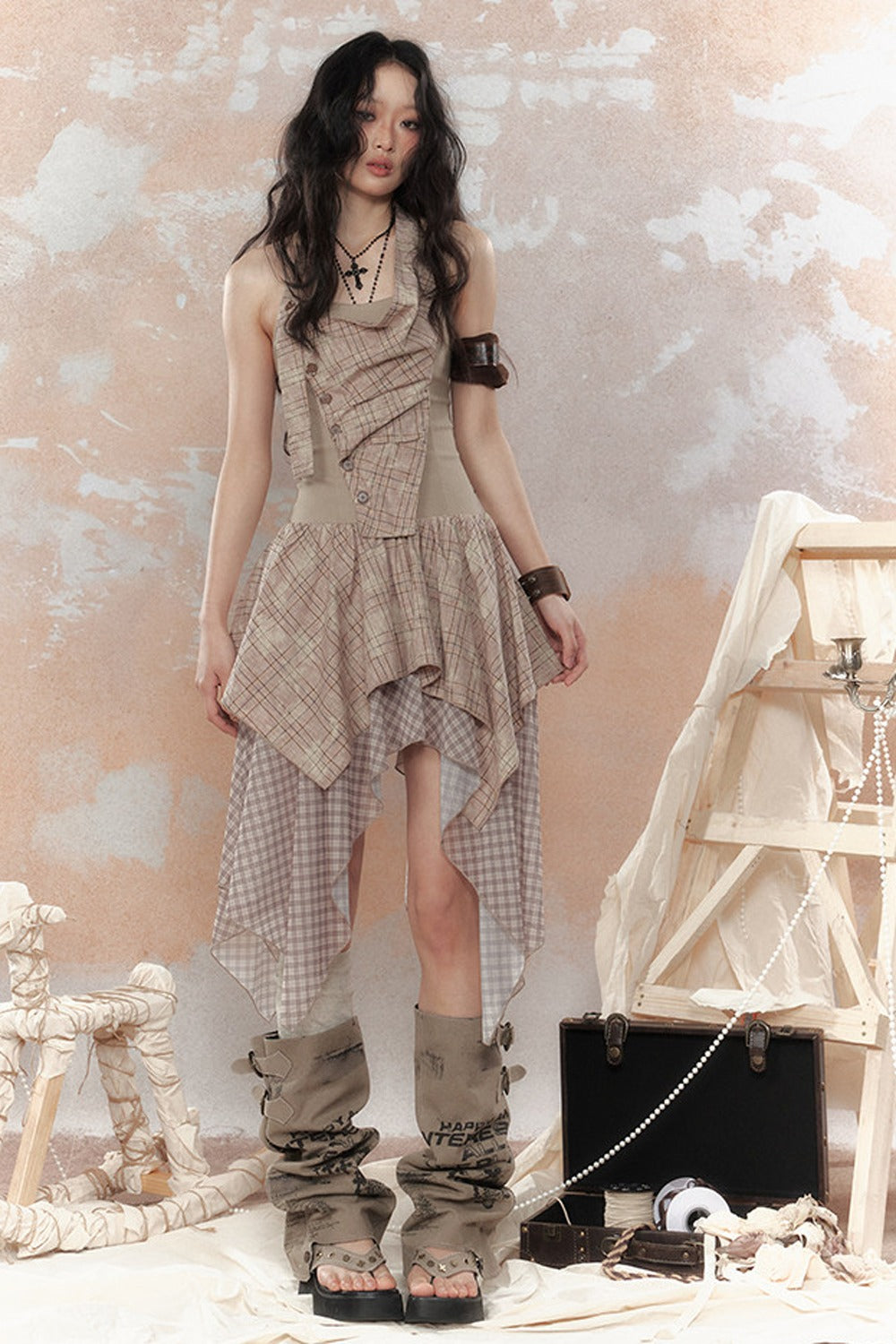 Plaid Asymmetrical Halter Dress