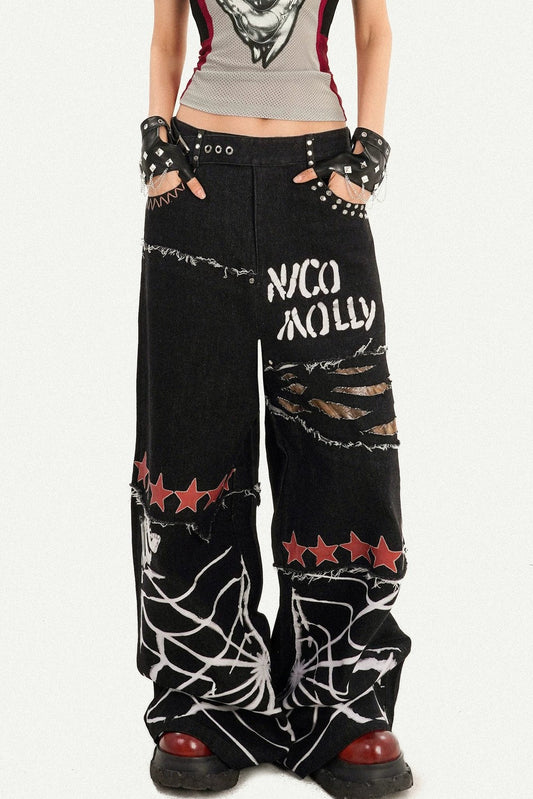 Ripped Graffiti Wide-Leg Jeans