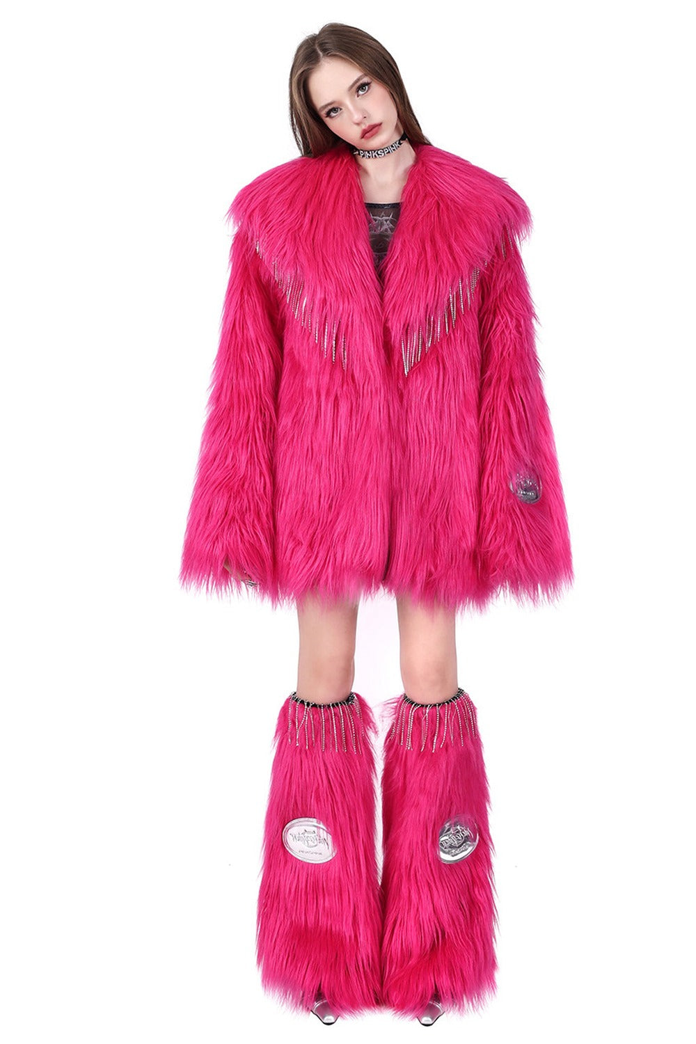 Pink Rhinestone Fringe Fur Jacket
