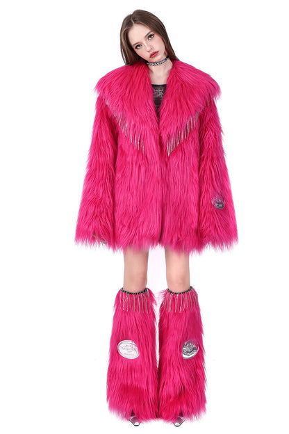 Pink Rhinestone Fringe Fur Jacket