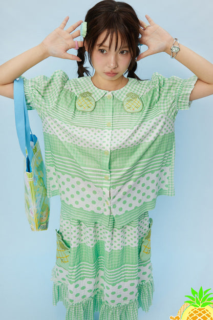 Plaid Polka Dot Collar Shirt and Skirt Set-Up