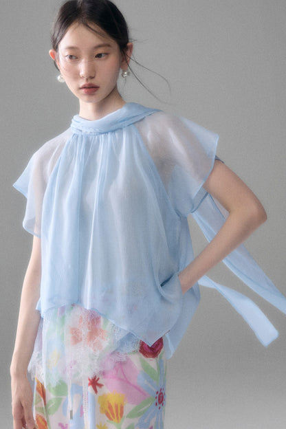 Sheer Blue Lace Ribbon Short Sleeve Top