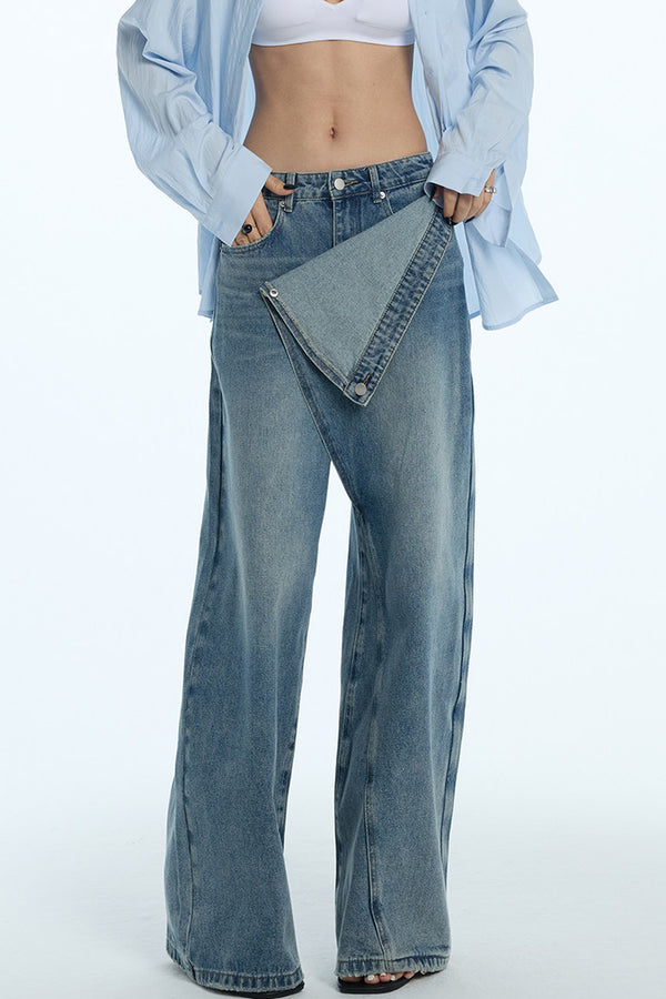 Asymmetrical Deconstructed Denim Wide-Leg Pants