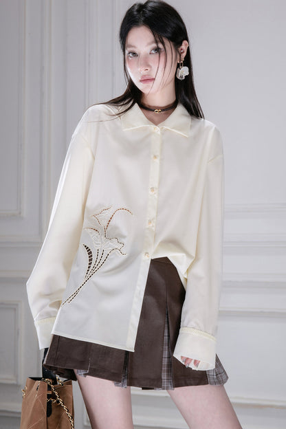Hollow Out Floral Embroidered Modal Shirt