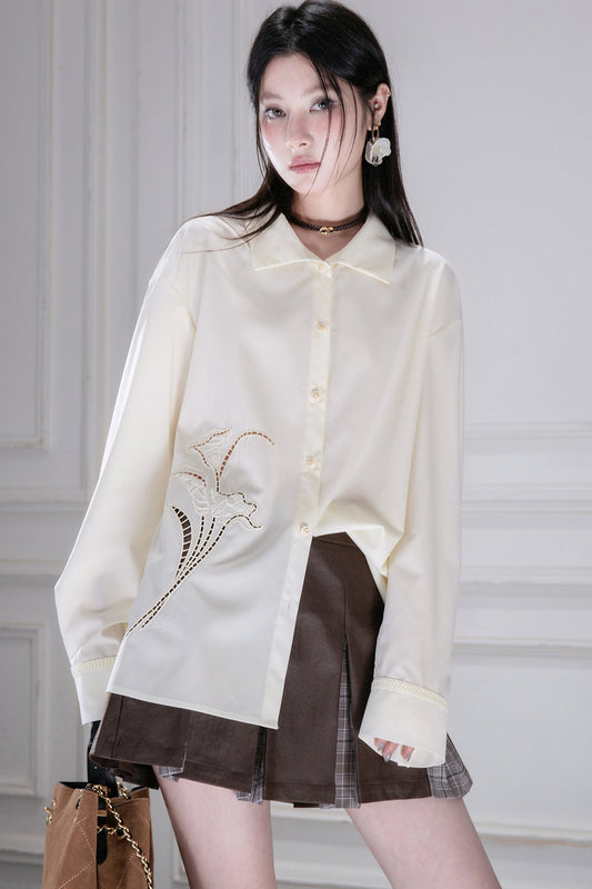 Hollow Out Floral Embroidered Modal Shirt