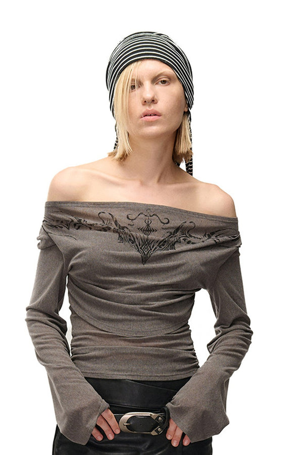 Printed Drape Neck Long-Sleeve T-Shirt
