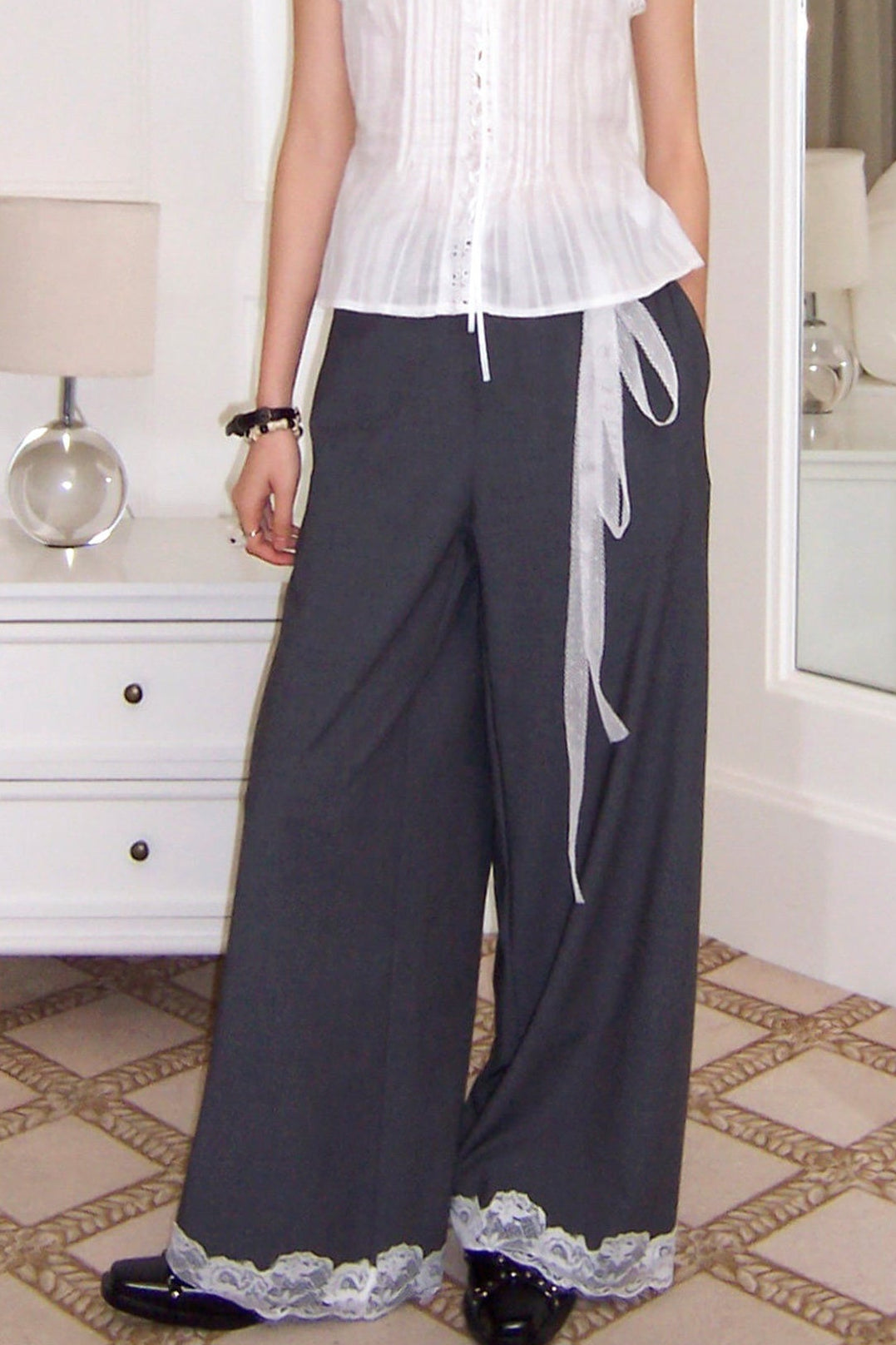 Gray Edge Lace Trim Trousers
