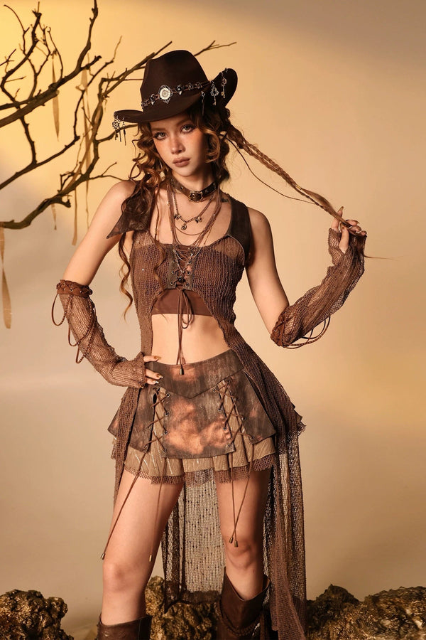 Ember Wasteland Mesh Hollow-Out Long Vest Set-Up