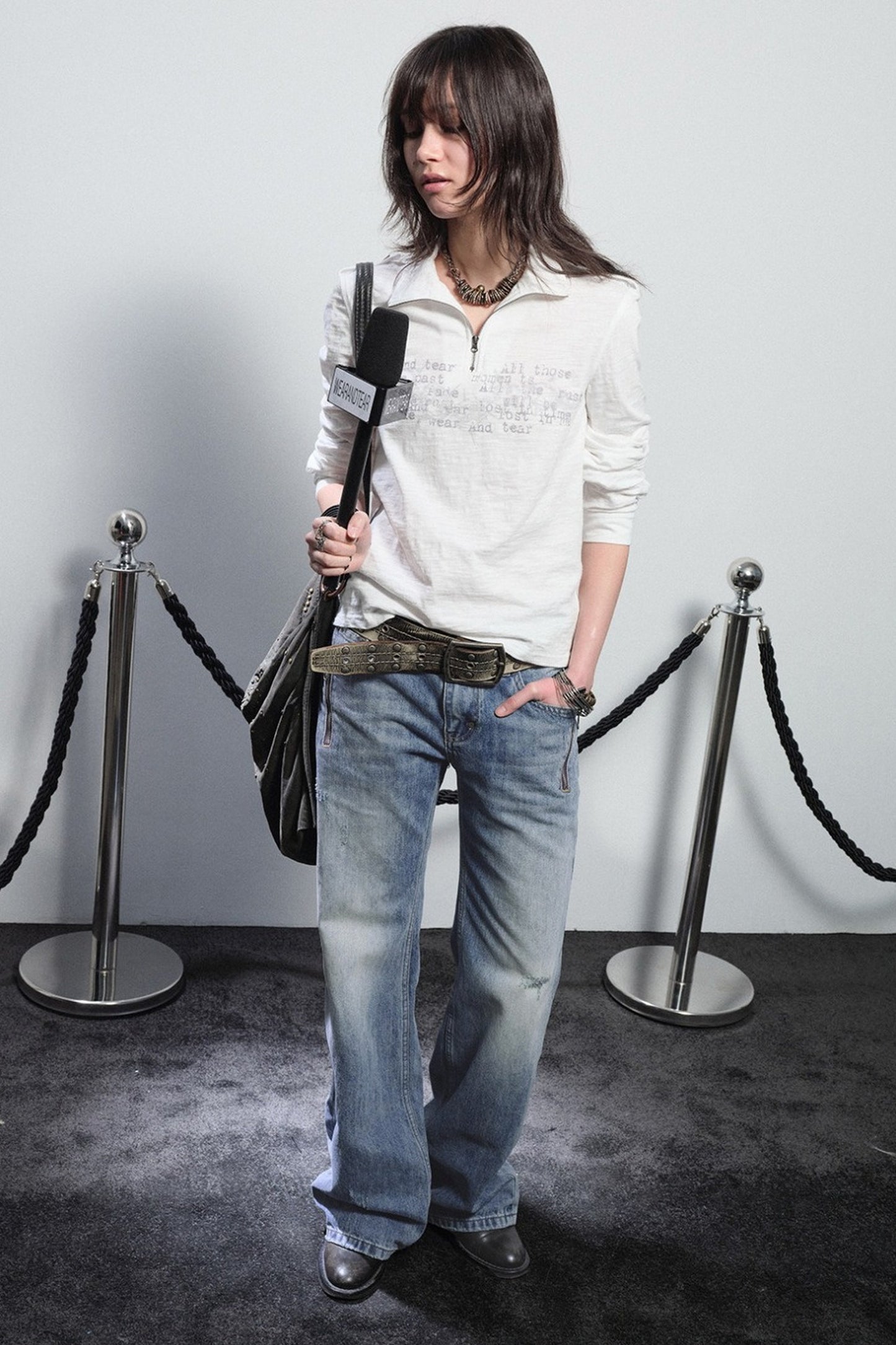 Stand Collar Metal Zipper Printed T-Shirt
