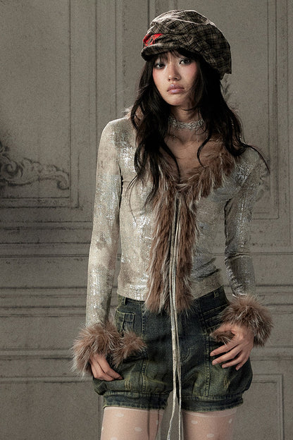 Fur Collar V-Neck Long-Sleeve T-Shirt