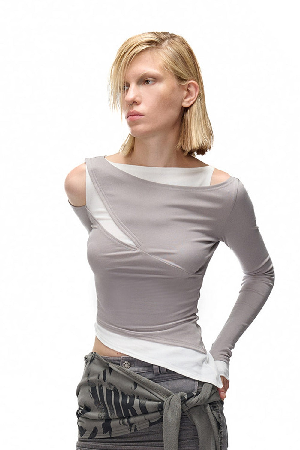 Layered-Look Patchwork Hollow Long-Sleeve T-shirt