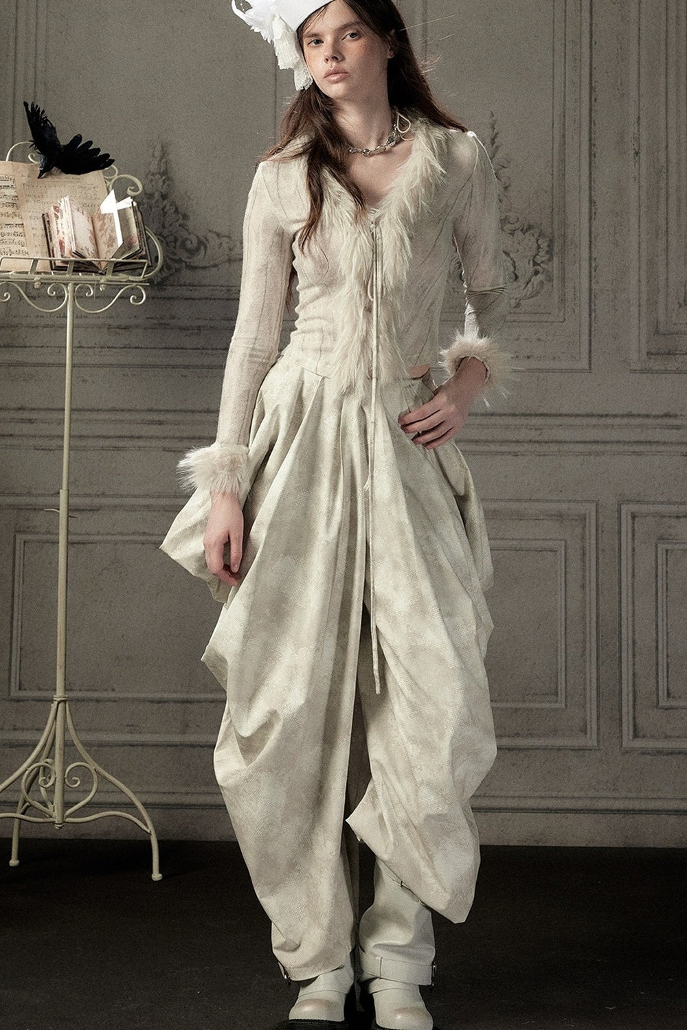 Beige Asymmetrical Stacked Long Pants