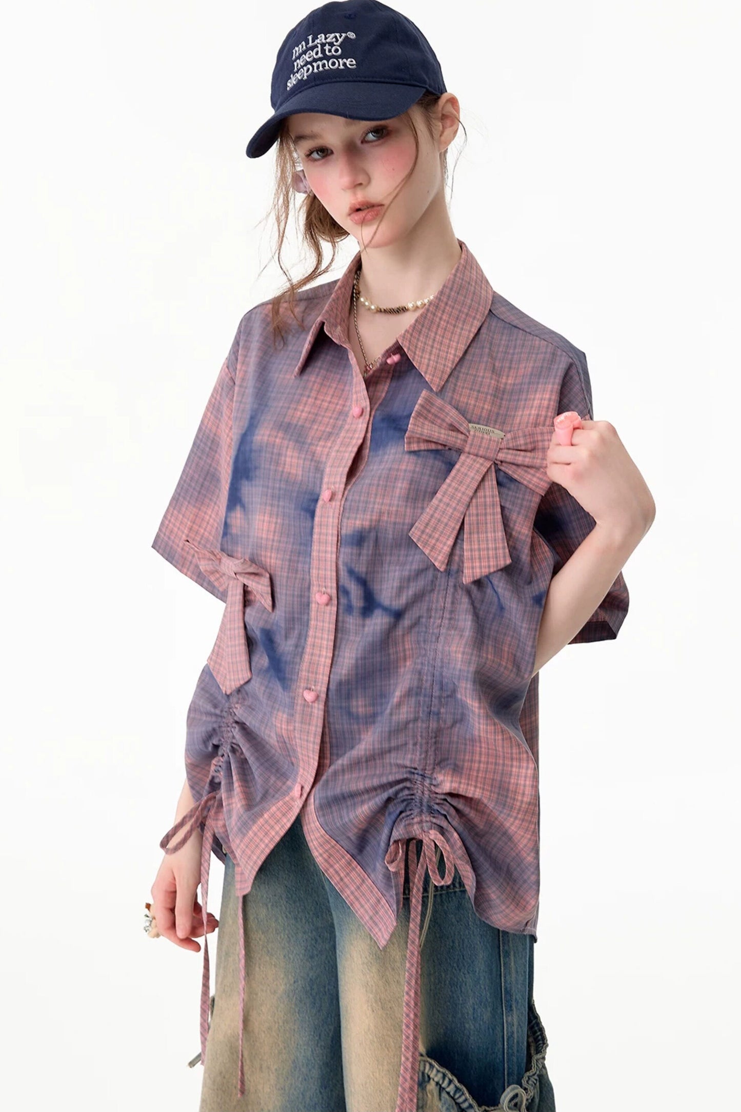 Chemise à manches courtes à carreaux roses avec nœud et cordon de serrage