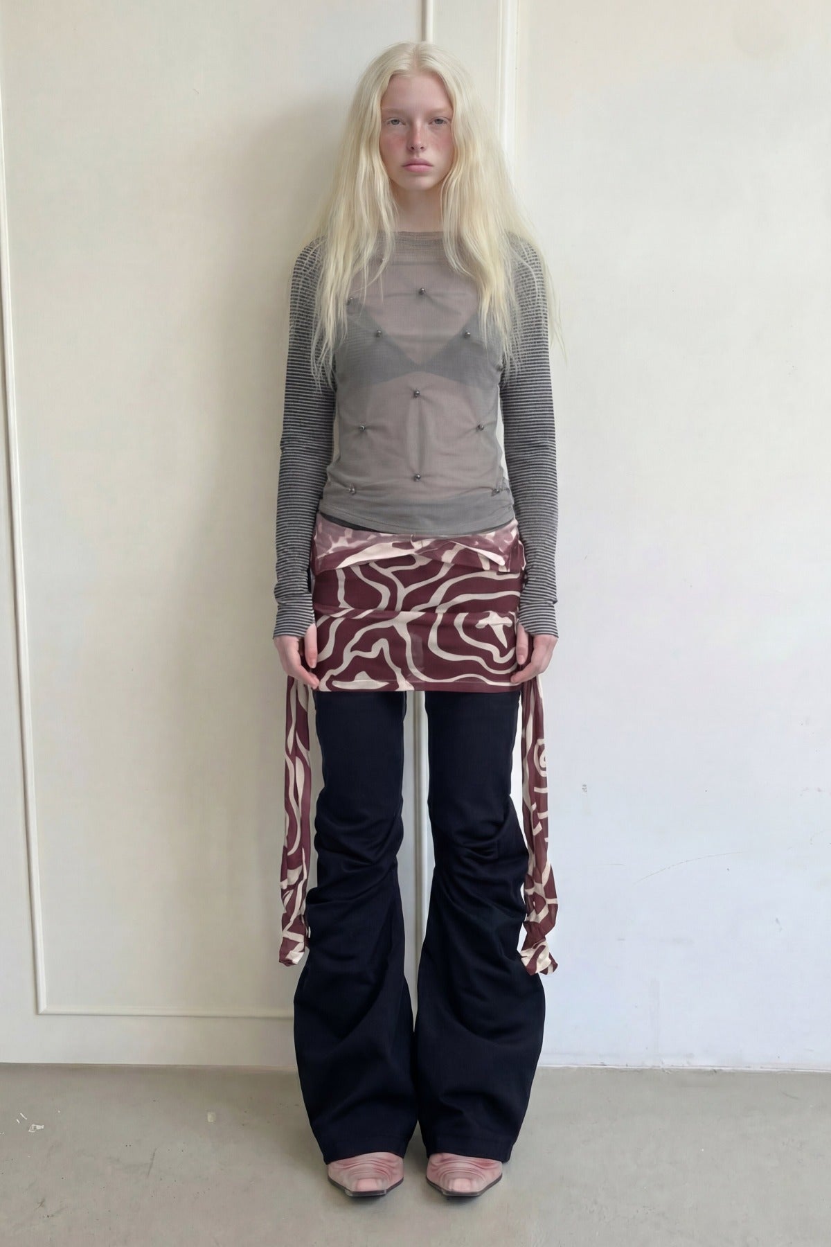Studded Striped Long-Sleeve Sheer Mesh T-shirt