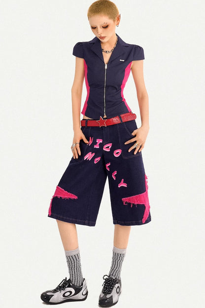 V-Neck Patchwork Blouse Set-Up