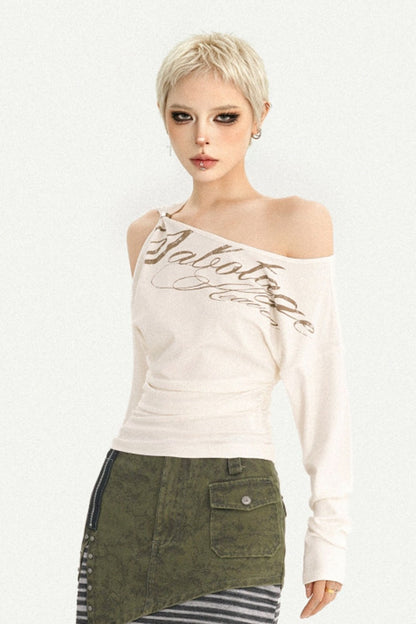 Off-Shoulder Letter Print Long-Sleeve T-Shirt