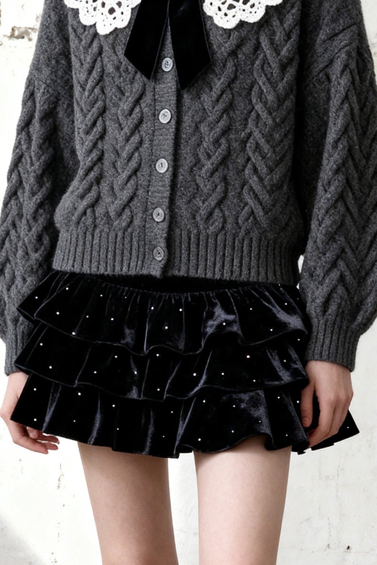 Lace Cardigan Tiered Skirt Set-Up