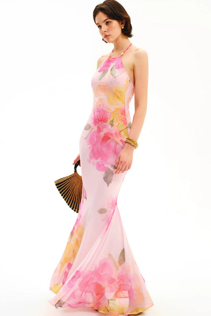 Watercolor Floral Halter Maxi Dress