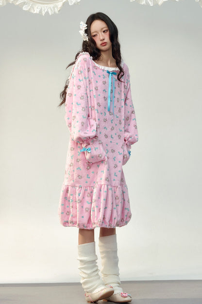 Pink Floral Flannel Ruffled Hooded Robe