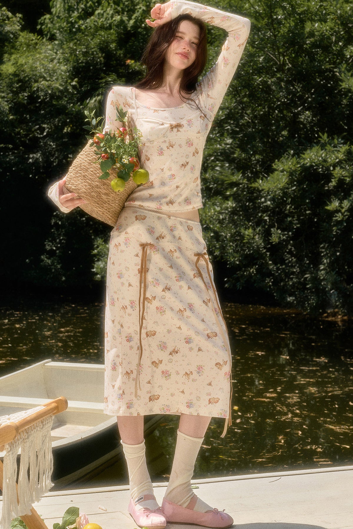 Deer Print Camisole Top Skirt Set-Up