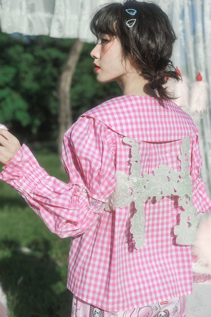 Dog Embroidered Plaid Puff Sleeve Shirt