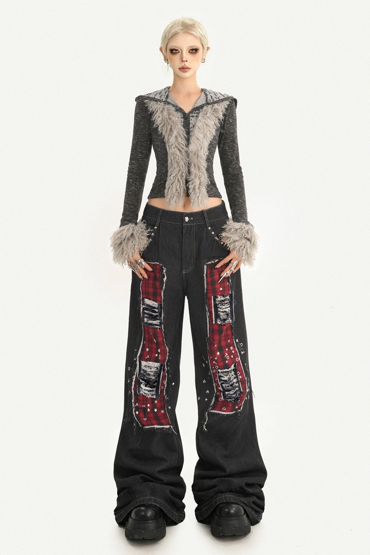 Black Red Plaid Punk Jeans
