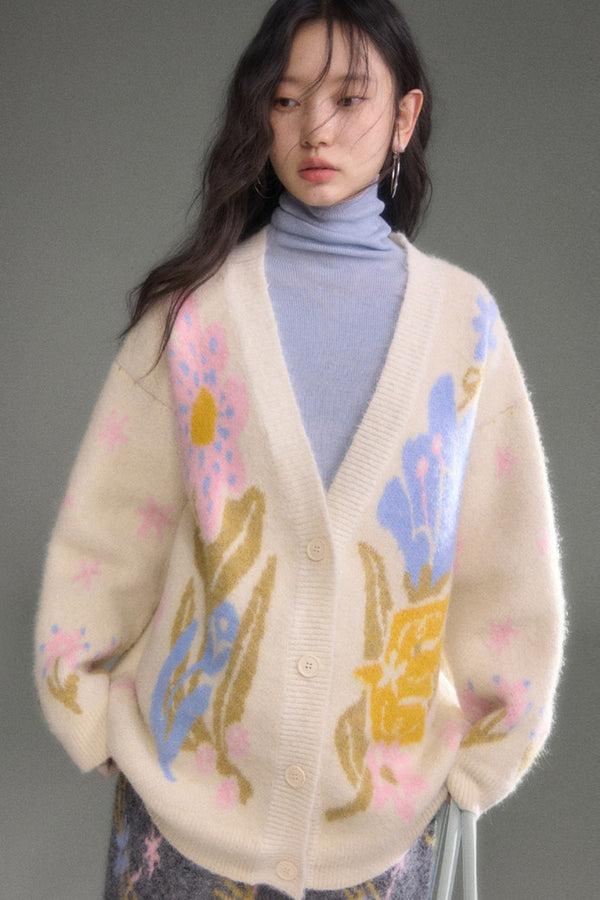 Ear-Flap Bird Tulip Jacquard Wool Cardigan