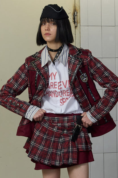 Asymmetrical Pleated Plaid Graffiti Skirt