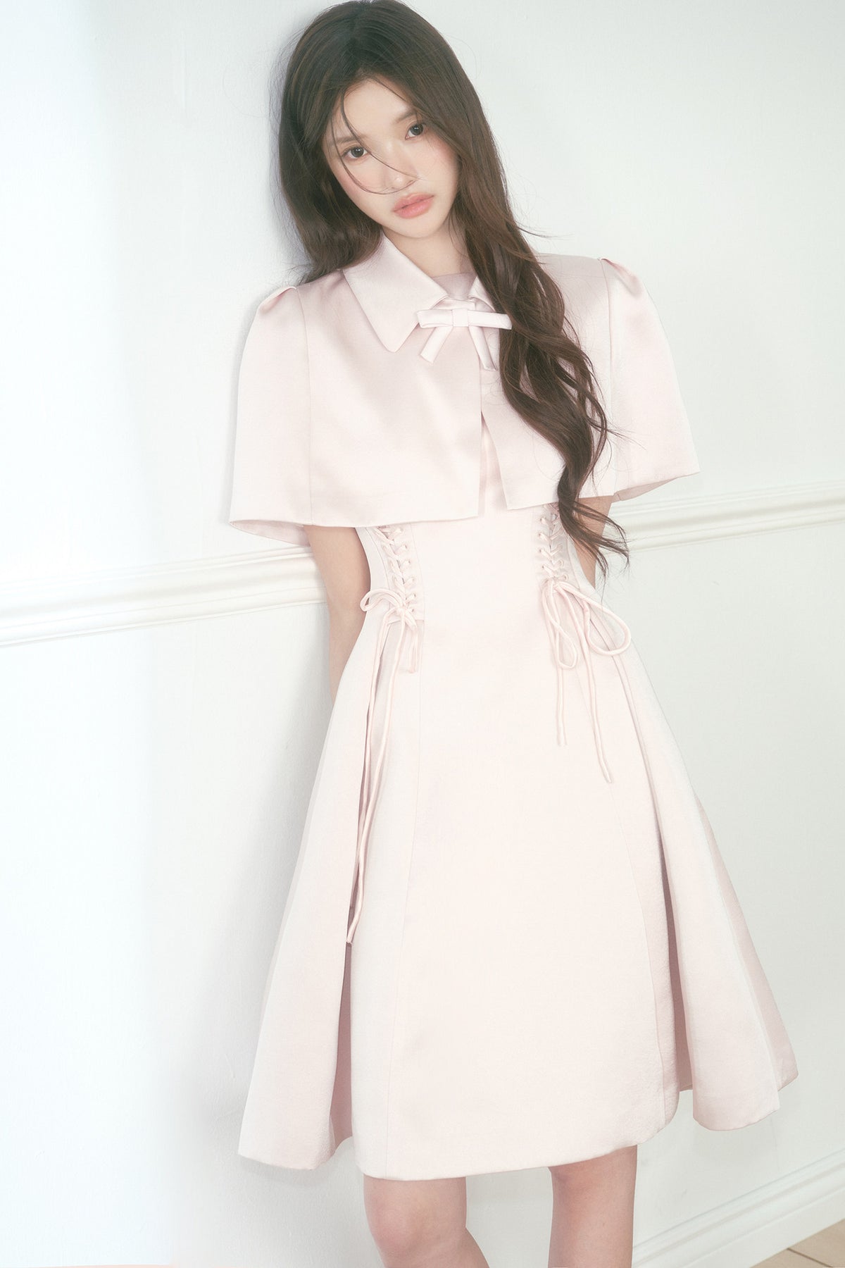 Pink Satin Cape and Waist Tie Dress Set-Up