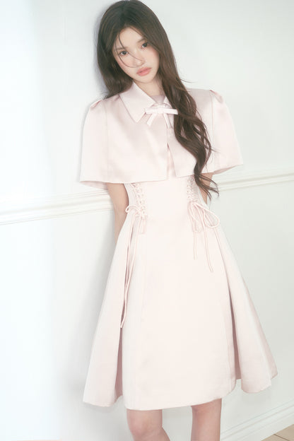 Pink Satin Cape and Waist Tie Dress Set-Up
