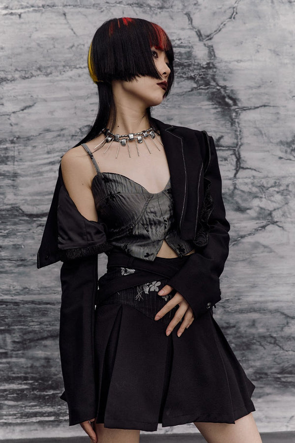 Dark Slimming Patchwork Lapel Jacket Set