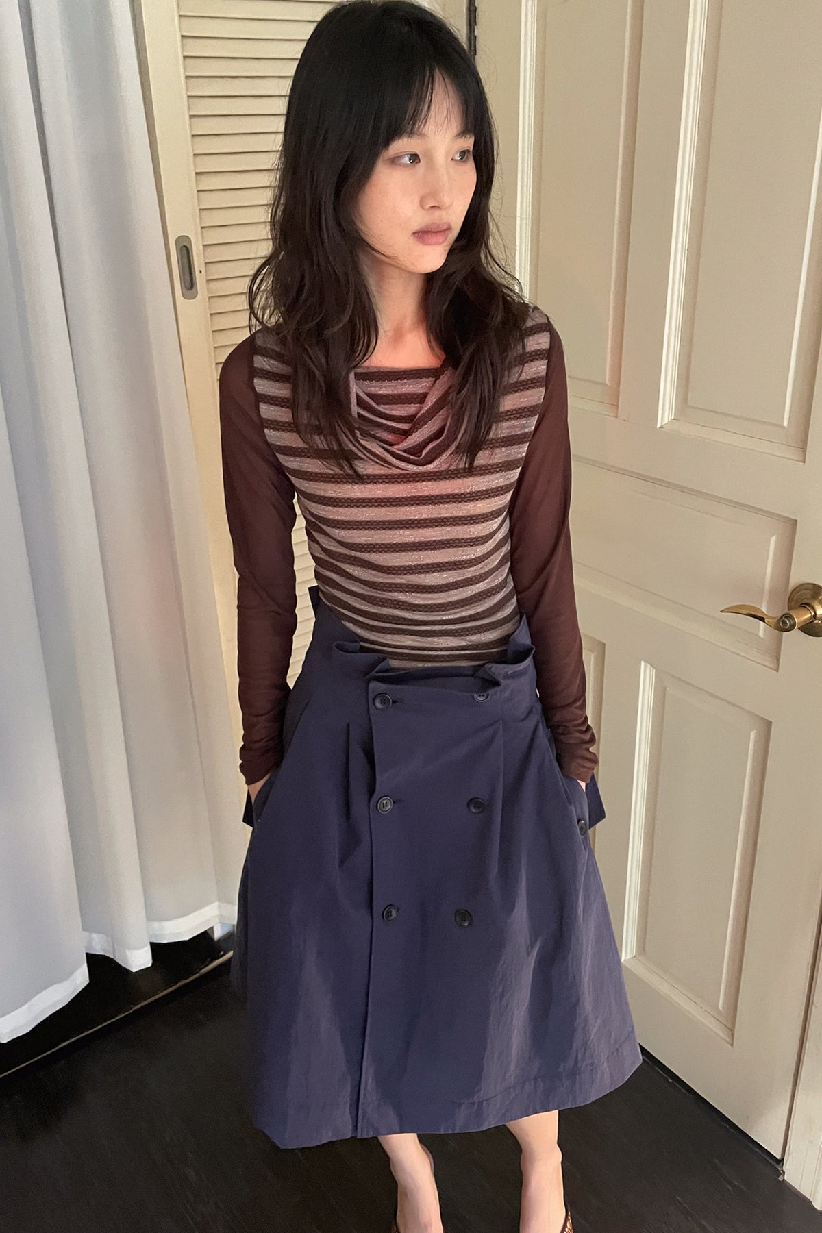 Spliced Striped Cowl Neck Long-Sleeve Blouse