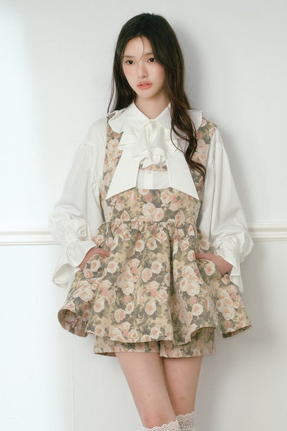 Floral Jacquard Vest Dress and White Ruffled Shirt Set-Up