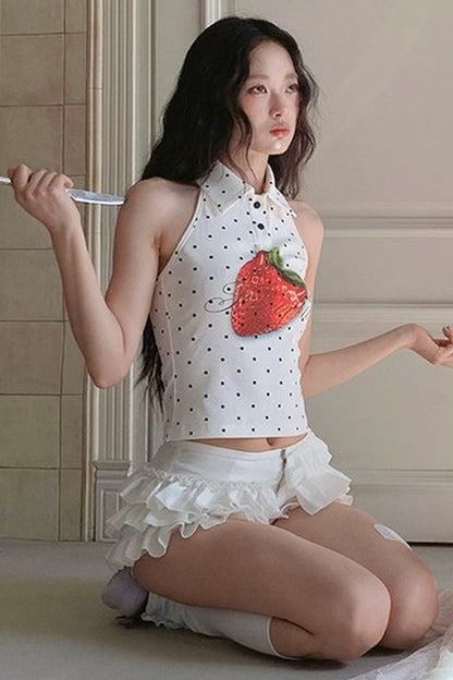 Top a canotta all'americana con schiena scoperta a pois fragola