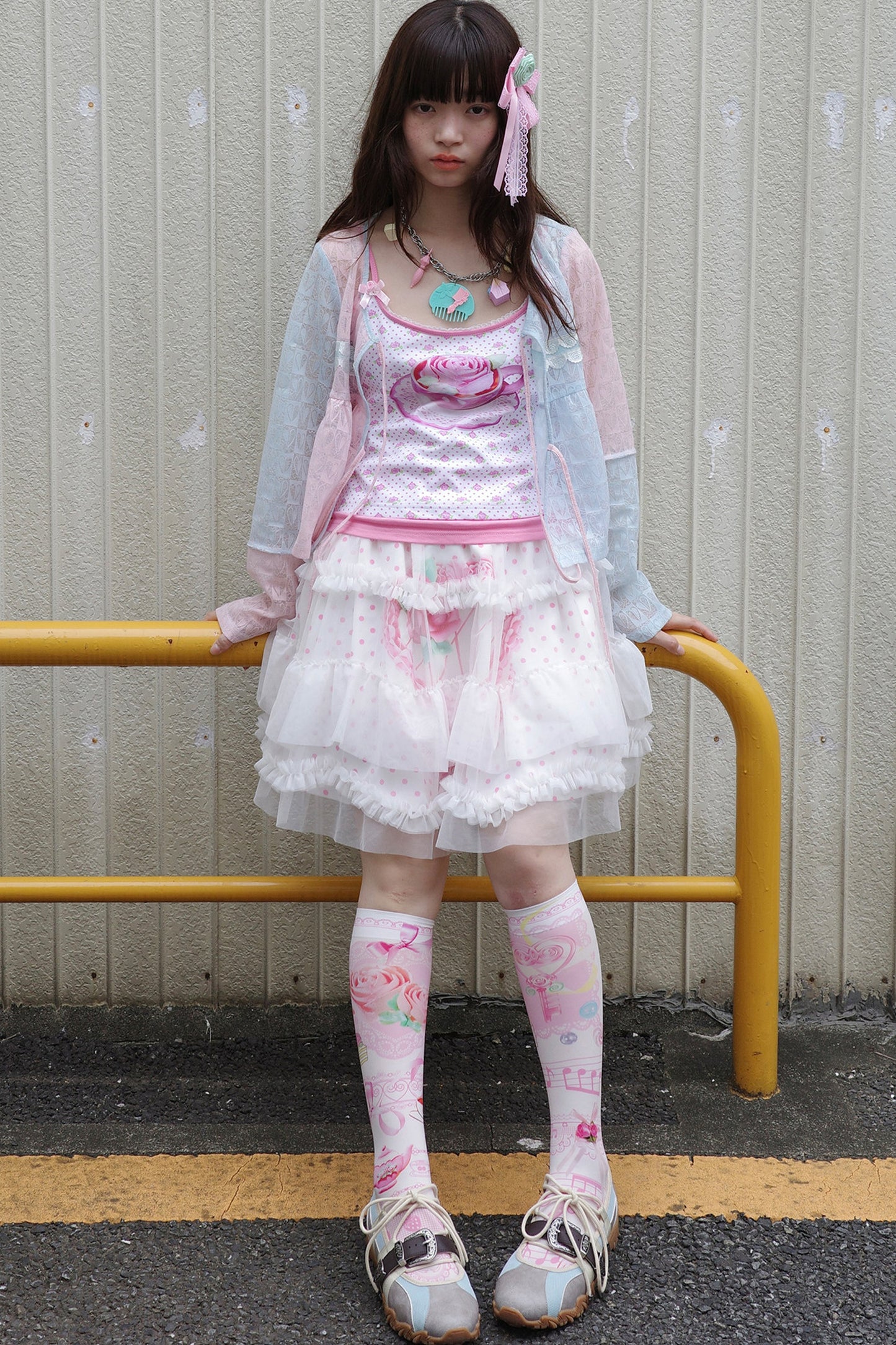 Double-Layer Double-Sided Cake Print White Gauze Skirt