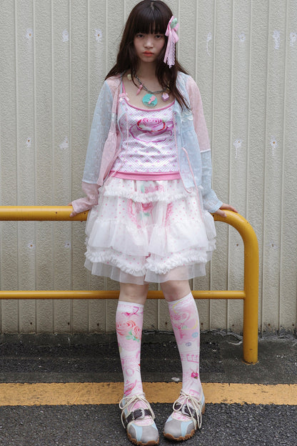 Double-Layer Double-Sided Cake Print White Gauze Skirt