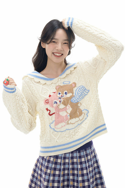 Heart Bear Knit Sweater Skirt Set-Up