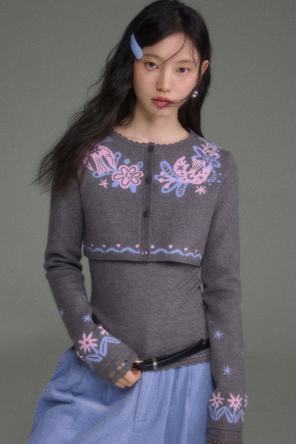 Hawthorn And Birds Jacquard Knit Cardigan And Top Set
